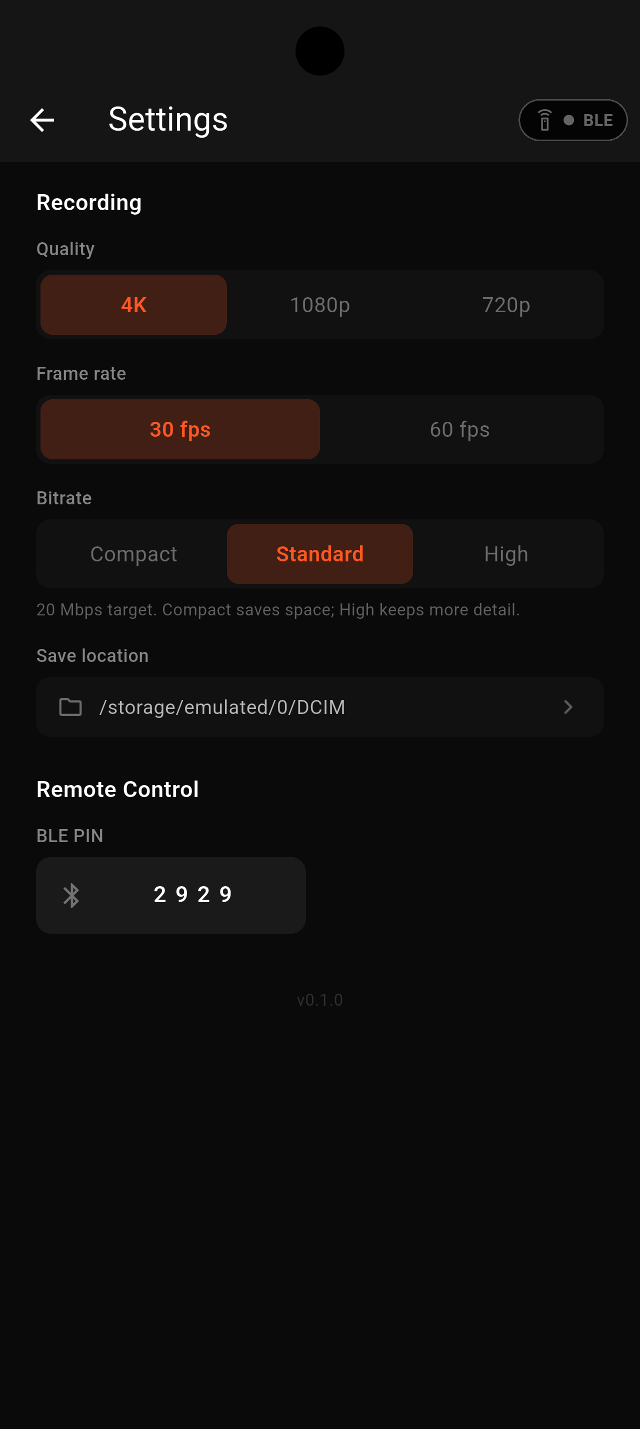 SetPoint recording settings for quality, frame rate, bitrate, save location, and remote control